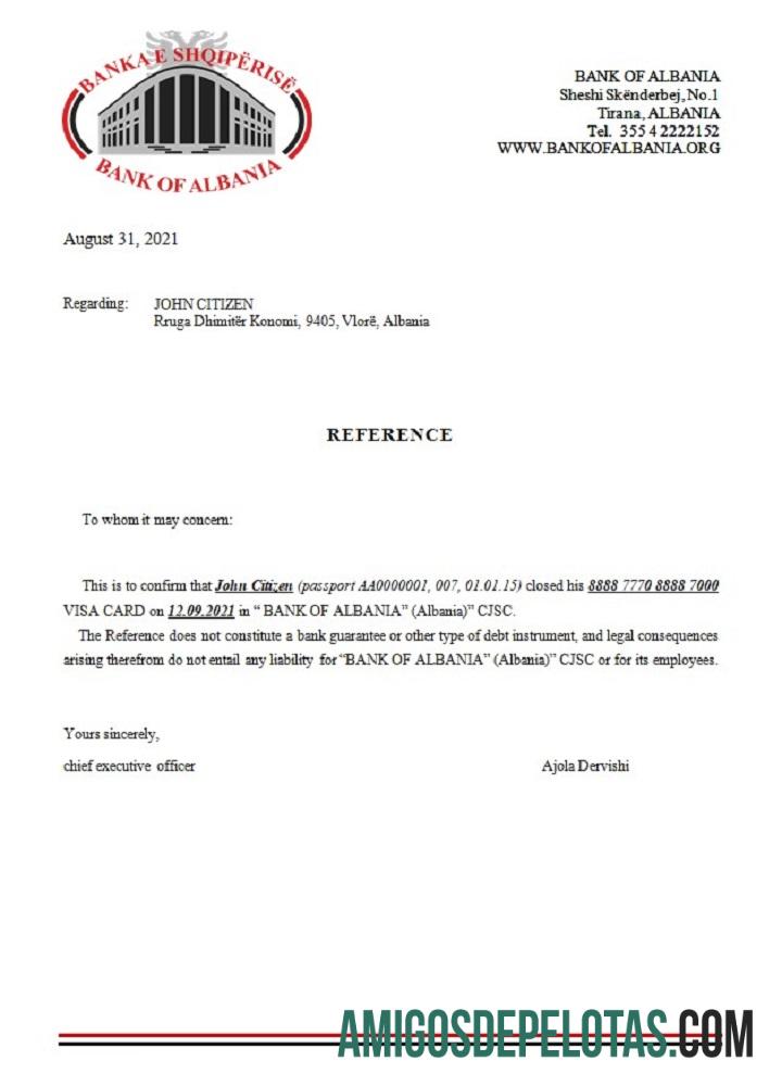 Referência de fechamento do Banco da Albânia na Albânia exemplo real